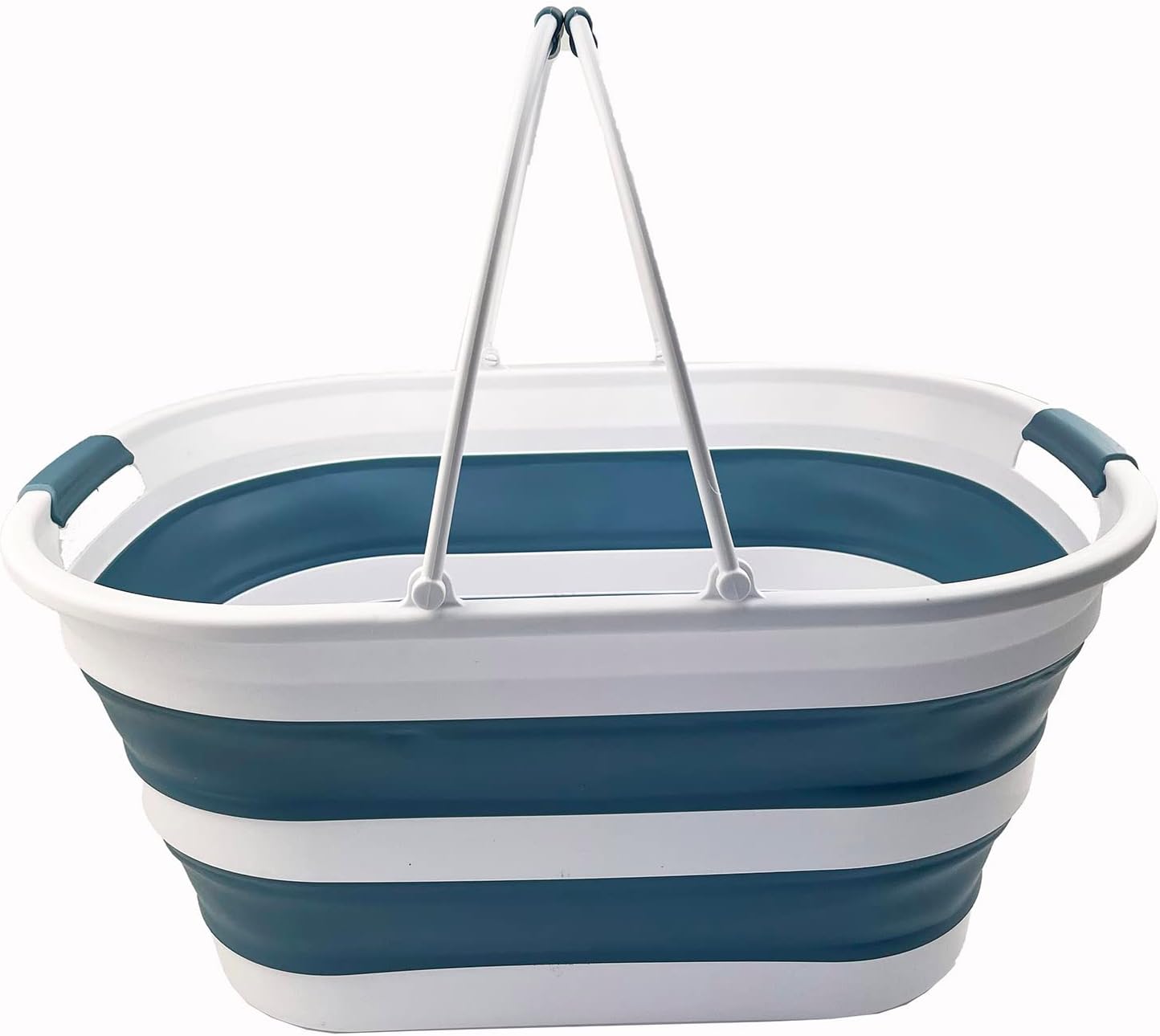 SAMMART 38L (10 Gallons) Collapsible Plastic Laundry Basket - Foldable Storage Container/Organizer - Portable Washing Tub - Space Saving Laundry Hamper (White/Adriatic Blue)